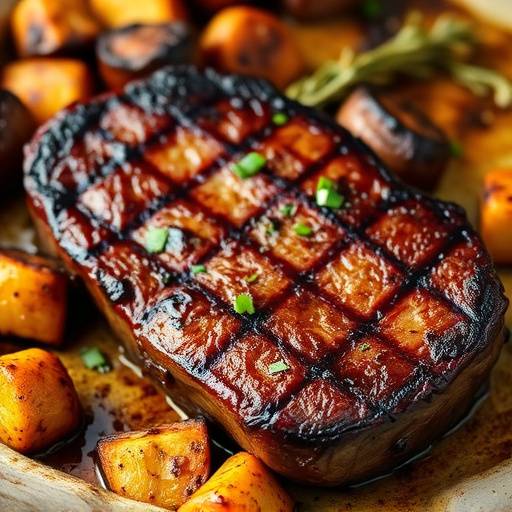 Grilled Ribeye Steak with roasted vegetables
